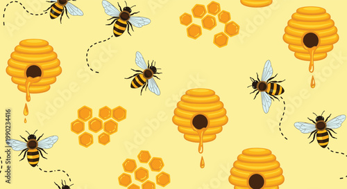 Busy honey bees, golden beehives, and hexagonal honeycombs are scattered in a cheerful repeating pattern on yellow.