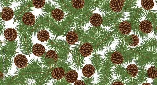 Pine branches and brown pine cones are densely packed in a seamless winter forest pattern suitable for holiday decorations.