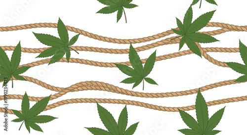 Green marijuana leaves are interspersed with thick brown ropes in a unique seamless pattern for textile or paper design.