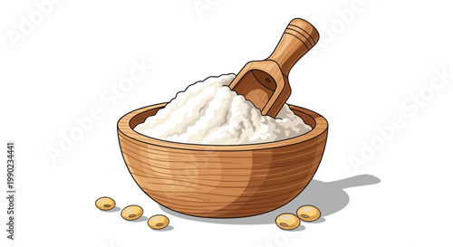 Wooden bowl filled with white soy flour and a scoop is surrounded by dried soybeans in a healthy food illustration.