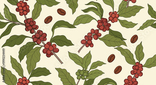 Coffee tree branches with red berries and green leaves are mixed with loose beans in a detailed seamless botanical pattern.