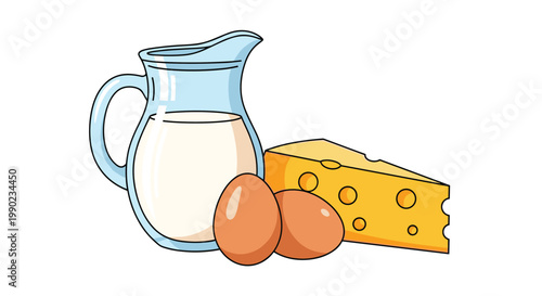 Still life illustration of a glass jug of fresh milk, two brown eggs, and a wedge of Swiss cheese for a healthy breakfast.
