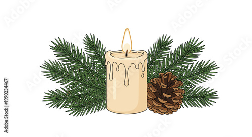 Festive composition featuring a single lit cream-colored pillar candle nestled among green pine needles and a brown pine cone.