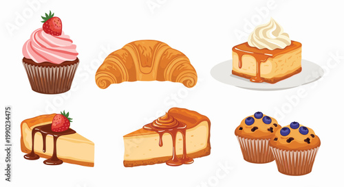 Assorted collection of delicious bakery treats including a strawberry cupcake, a golden croissant, and slices of cheesecake with toppings.