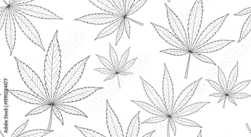 Black and white seamless background pattern composed of various hand-drawn sketches of marijuana or cannabis leaves in different sizes.