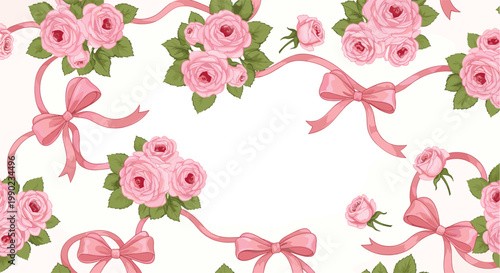 Elegant seamless floral pattern featuring clusters of blooming pink roses and flowing pink ribbons with bows on a pale background.