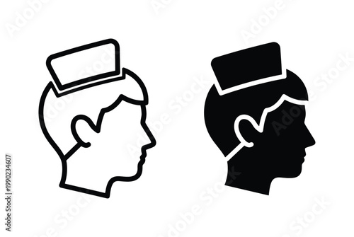 Minimalist hotel bellhop icon set, male concierge head profile vector, service staff member in uniform hat, hospitality industry employee symbols