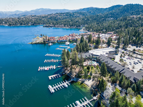Obraz na plátně Drone shot of a lakeside resort area with marina docks, buildings and pine forest along the shore