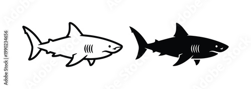 Great white shark vector icons, minimalist black silhouette and line art shark illustrations, predatory sea fish symbols for marine branding