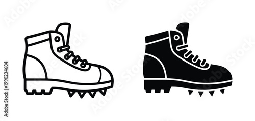 Hiking boot icons with crampons, mountaineering footwear vector set, climbing shoes with ice spikes, outdoor adventure gear symbols