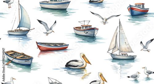 Boats Sailing on Water with Pelicans and Seagulls