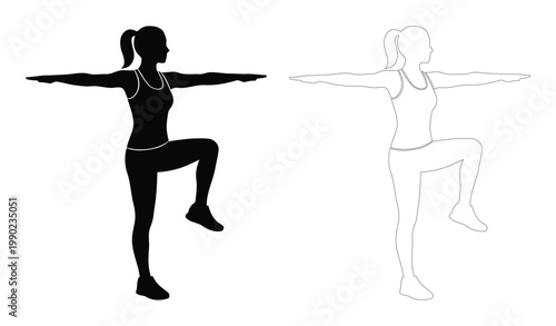 Athletic Woman Black Silhouette and Outline Set Performing T-Balance and Knee Lift Exercise for Core Strength and Yoga Fitness Illustration