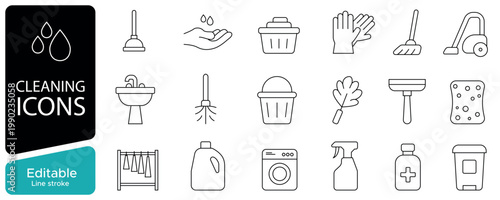 Cleaning service and household maintenance line icons set. hygiene sanitation washing tools equipment collection. editable stroke vector illustration