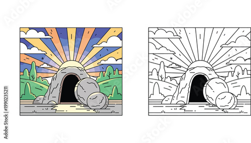 Resurrection of Jesus Christ Empty Tomb with Stone Rolled Away Illustration Set, Colorful and Black and White Line Art for Easter Celebration, Religious Education and Coloring Page