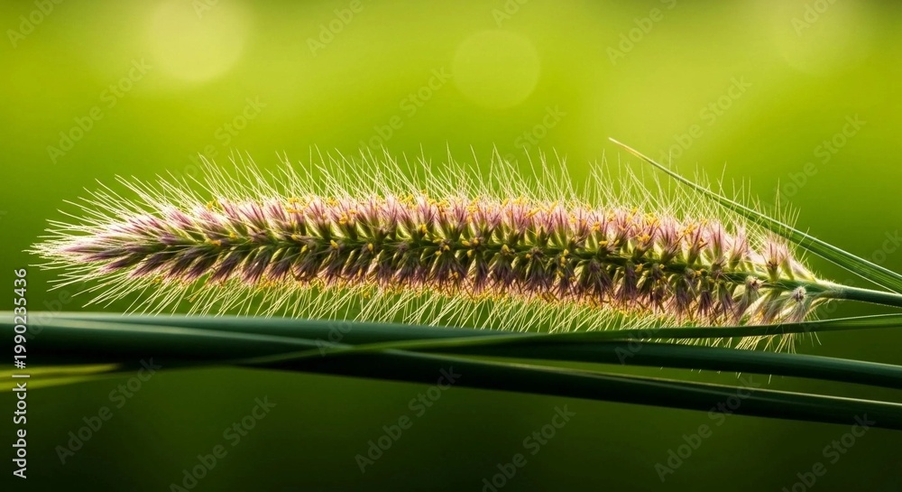 Fototapeta premium A macro shot of a foxtail grass head glowing in sunlight against a soft, blurred green background with bokeh effect.