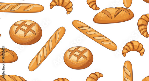 Delicious seamless pattern featuring various types of fresh bread including golden baguettes, round loaves, and buttery croissants.
