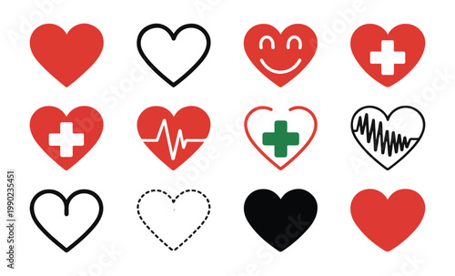 Set of red and black health hearts, various heart shapes, happy heart, medical cross, heartbeat line.