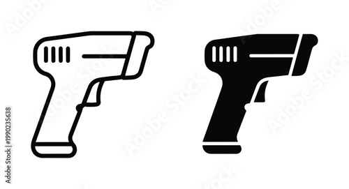 Barcode scanner vector icons, handheld laser reader symbols for retail and logistics, black line and solid silhouette digital scanner graphics