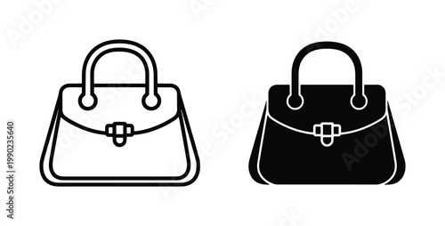 Minimalist handbag icons set, black and white fashion purse vector illustrations, elegant female accessory symbols for retail and e-commerce apps