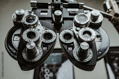 Medical phoropter device for vision testing and eye exam. Detailed shot of black mechanical phoropter in optometry office. Professional diagnostic equipment.