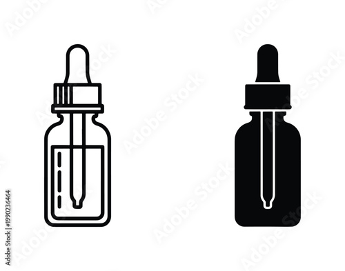 Minimalist dropper bottle icons, black outline and solid silhouette serum vials, essential oil glass bottle vector set for skincare and medical packaging