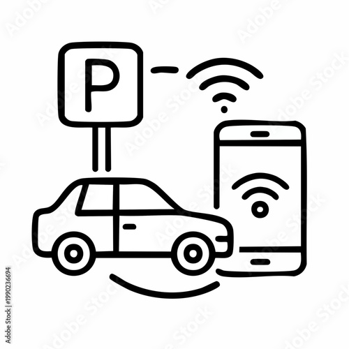 Mobile parking remote app with smartphone and car connected via wireless signal icon.