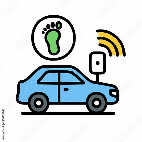 Car emission sensor monitoring with wireless signal and carbon footprint icon for smart city.