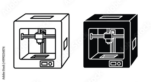 3D printer vector icons set, industrial additive manufacturing machine symbols, modern rapid prototyping equipment in line and silhouette styles