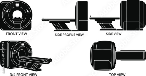Multiple Angles MRI Scanner Vector Illustration Set: Black Silhouette Medical Diagnostic Equipment featuring Front, Side, and Top Views with Text Labels (2026)