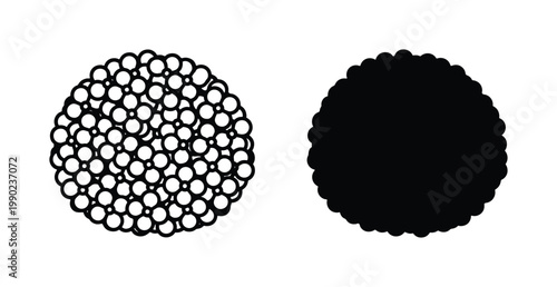 Minimalist caviar icons set, black and white fish roe vector illustrations, circular sturgeon egg clusters for luxury food branding and menu design