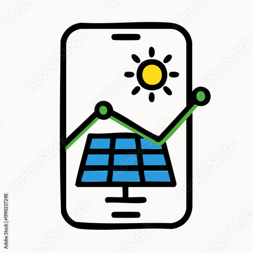 Solar power monitoring on smartphone screen with sun and rising growth chart