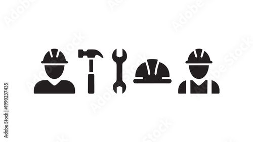 Construction Safety Icons with Helmets Hammer and Wrench Minimal Black Silhouette Tool Symbols