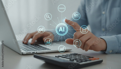 Schilderij op canvas Professional accountant utilizing artificial intelligence software on laptop with business icons for automation