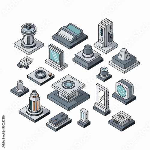 Isometric futuristic technology objects and devices collection.