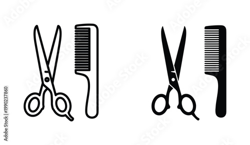 Minimalist barber shop icons, professional hair cutting scissors and comb vector set, black and white salon equipment symbols for hairstyling services