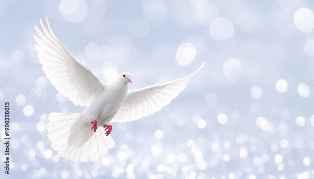 Fototapeta premium a white dove flying in the air, wings fully spread, gliding gracefully against a soft, pale blue sky