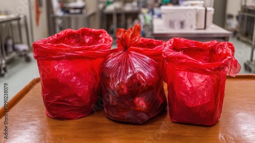 Infectious waste must be disposed of in the trash bag and red.Waste infections in hospitals.photo boxes at the hospital. shows a lot of medical waste.infectious wastes in red bag.