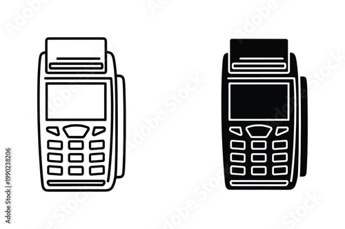 POS terminal vector icons, credit card reader machine set, black and white electronic payment device symbols for retail and banking