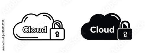 Cloud security icons set with padlocks, secure data storage symbols in outline and solid styles, private network protection vector graphics