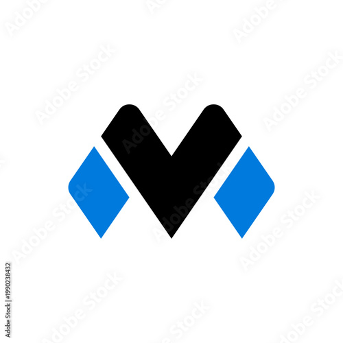 Abstract black and blue letter M or V logo design on a white background, representing modern branding.