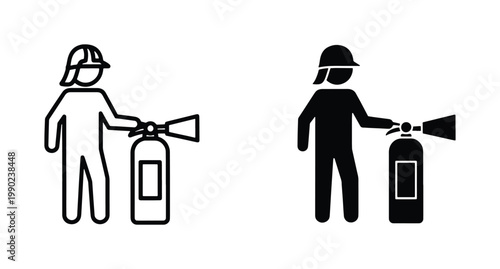 Firefighter icon set with fire extinguisher, emergency responder silhouette and outline vector, professional fire safety and protection symbols