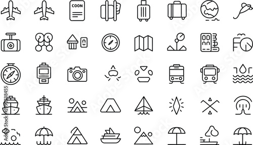 Outline travel and outdoor activities icons set for journey and adventure