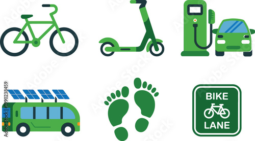Green eco-friendly transportation and sustainable living icons set
