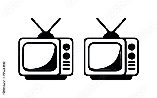 A pair of identical vintage-style television sets with antennas and classic control knobs are depicted in a clean black outline, evoking nostalgia for analog broadcasting.
