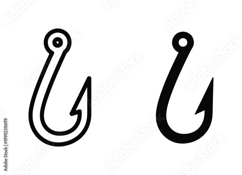 Minimalist fishing hook vector icons, black silhouette and outline fish hook set, sharp metal tackle equipment for angling and outdoor sport
