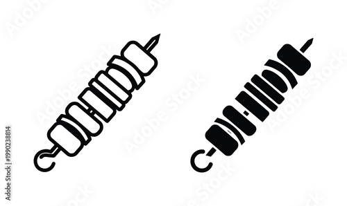 Minimalist shish kebab vector icons, grilled meat and vegetable skewer symbols, black and white barbecue food graphics for restaurant menus