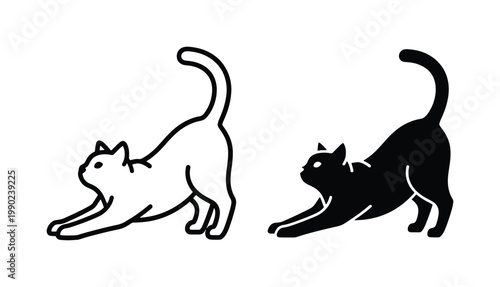 Minimalist cat stretching vector icons, black silhouette and line art feline illustrations, simple pet animal graphics for logo design