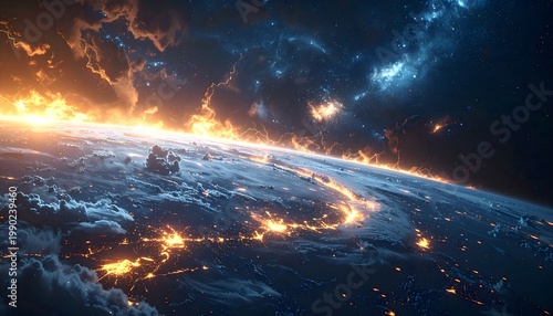 Dramatic cosmic storm with lightning swirling around a distant planet under starry sky