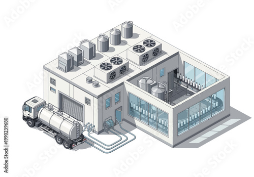 Vector illustration of a modern industrial factory with a tanker truck, representing production and logistics