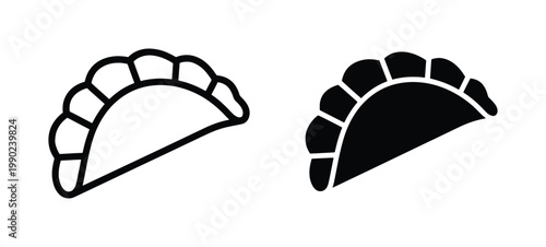 Minimalist dumpling vector icons, black and white pierogi line art, traditional gyoza and empanada symbols for restaurant menus and food packaging